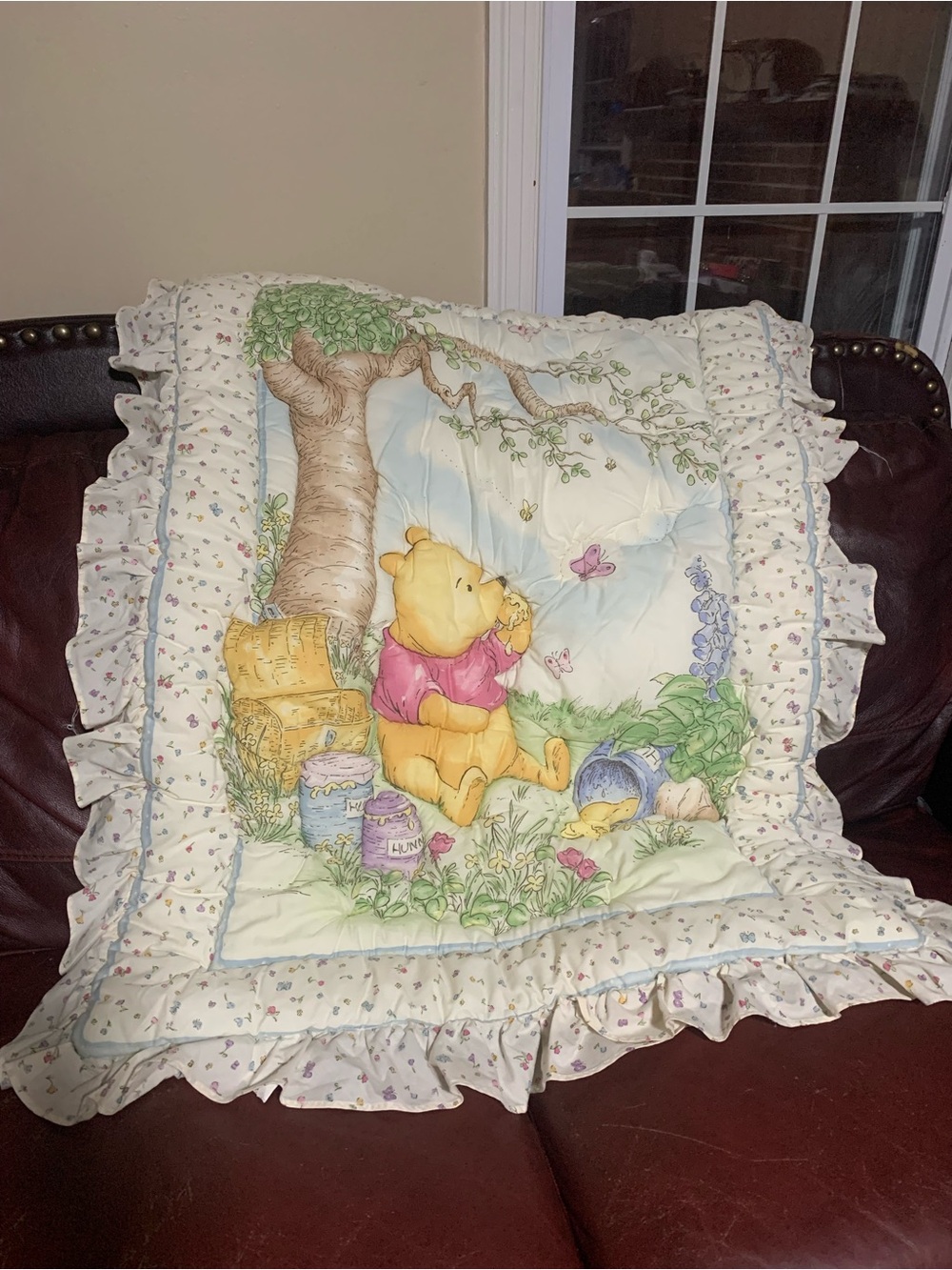 Vintage 1994 Disney Classic Winnie the Pooh Crib Quilt Blanket Red Calliope